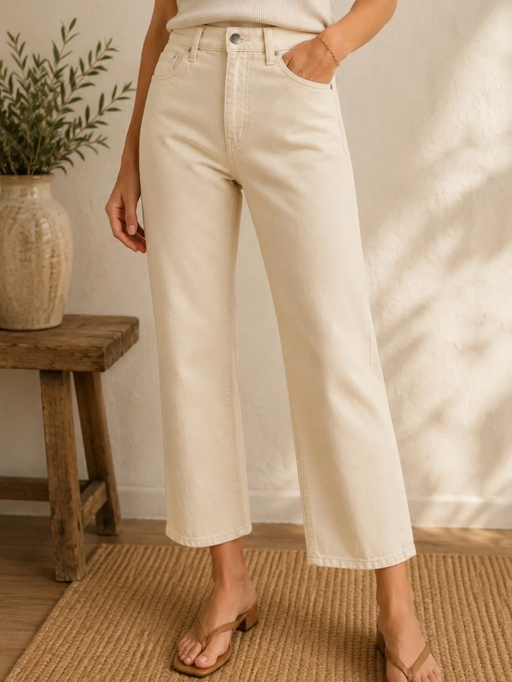 MOTHER The Ditcher Crop Jeans 28 Chalk It Up Cream Straight Leg USA